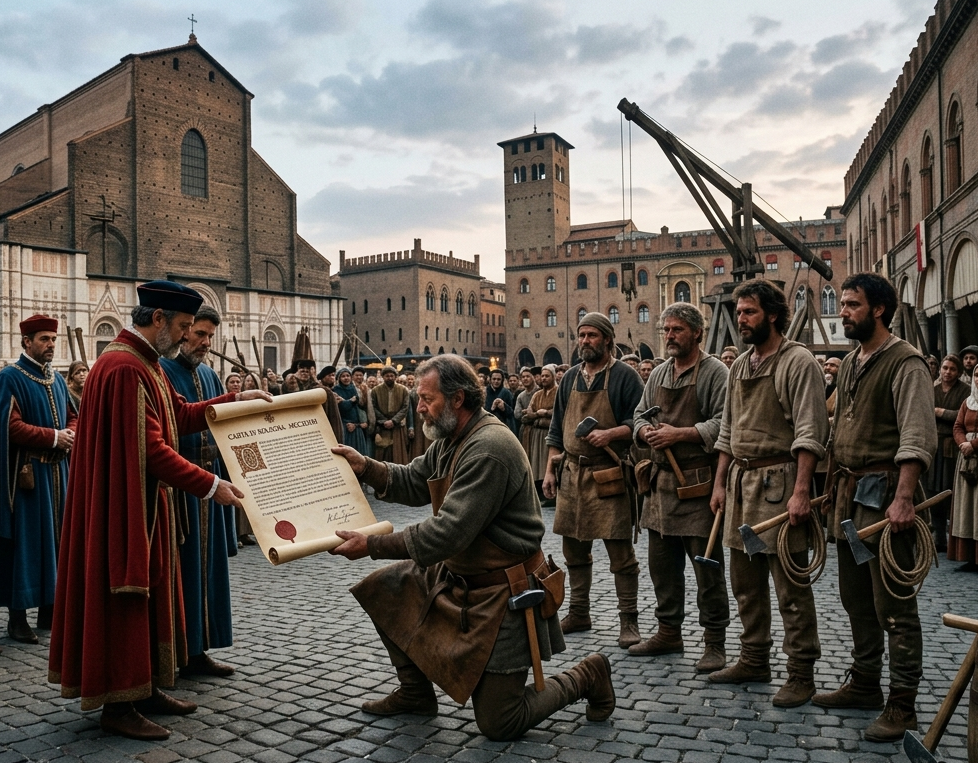 Un maestro muratore riceve il documento storico dai magistrati della città di Bologna